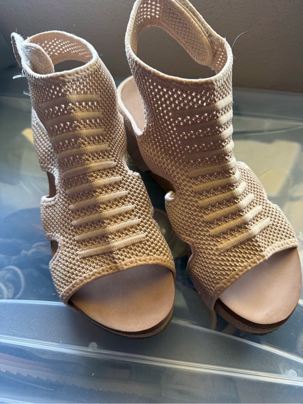 Volatile Knit Open-Toe Wedge Sandals in Beige
